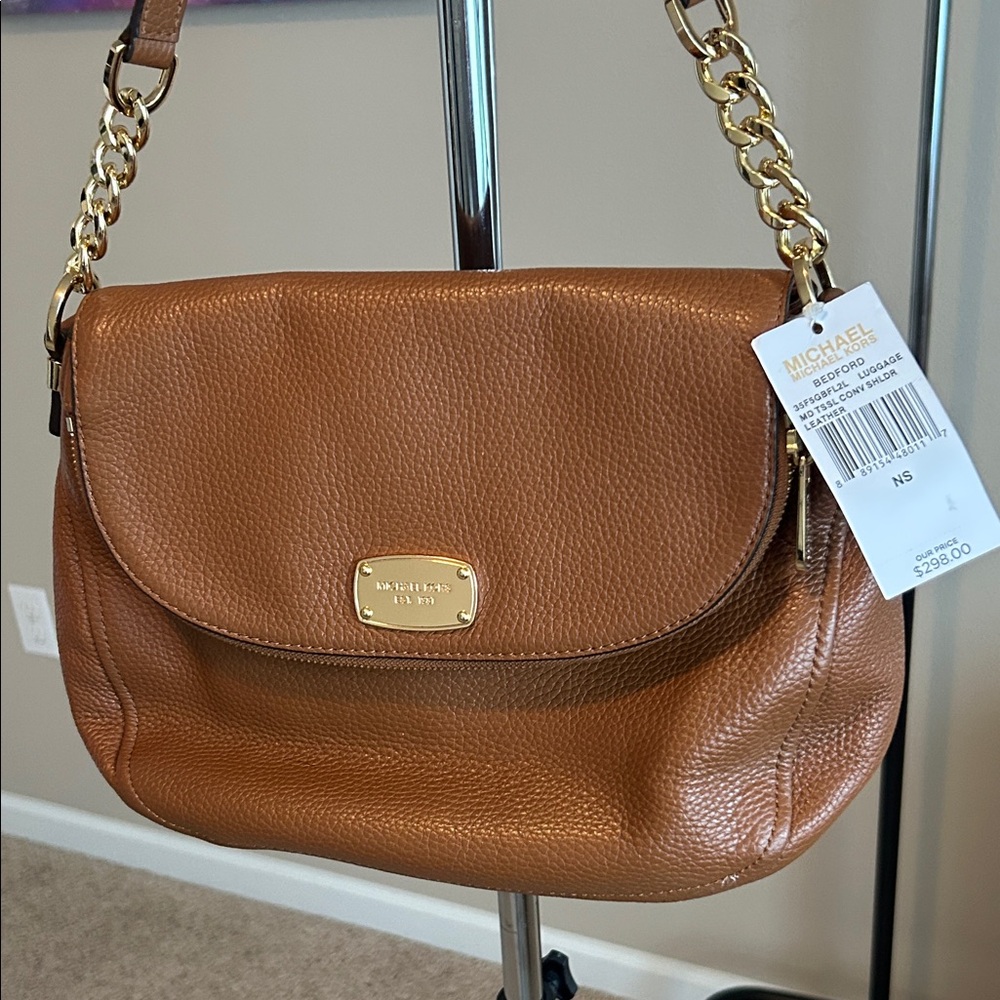 Michael Kors Brown Leather Crossbody Bag with Gold Accents